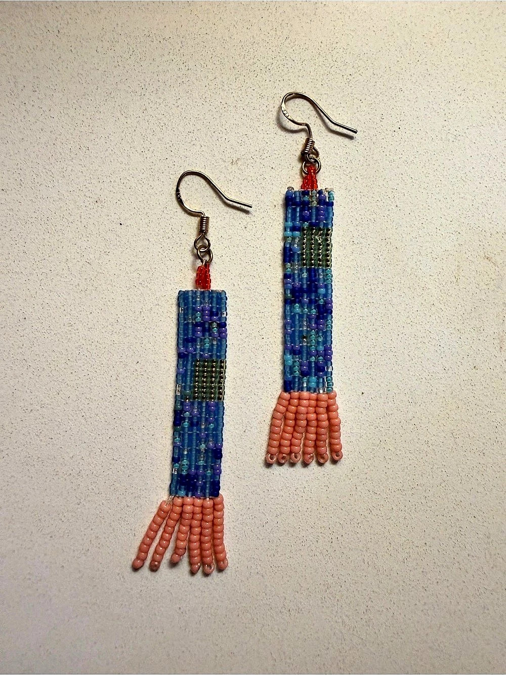 Handmade Beaded Dangle Earrings in Blue & Pink